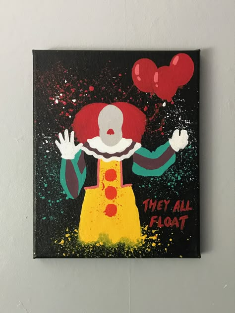 Classic It (Penniewise) canvas Pennywise Acrylic Painting, Horror Paintings Easy Canvas, Pennywise Canvas Painting, Creepy Painting Ideas On Canvas, Horror Movie Paintings Canvas Easy, Painting Ideas Horror, Horror Paintings Canvas, Horror Canvas Painting, Scary Paintings Easy