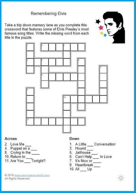 "Remembering Elvis" is a fun, easy printable puzzle. Reminisce about those popular songs that Elvis made famous. Simply supply the missing word in each song title. New puzzle from www.word-game-world.com. January Games For Seniors, Elvis Crafts, Word Games For Seniors, Memory Games For Seniors, Elvis Party, Elvis Birthday, Senior Living Activities, Alzheimers Activities, Song Titles