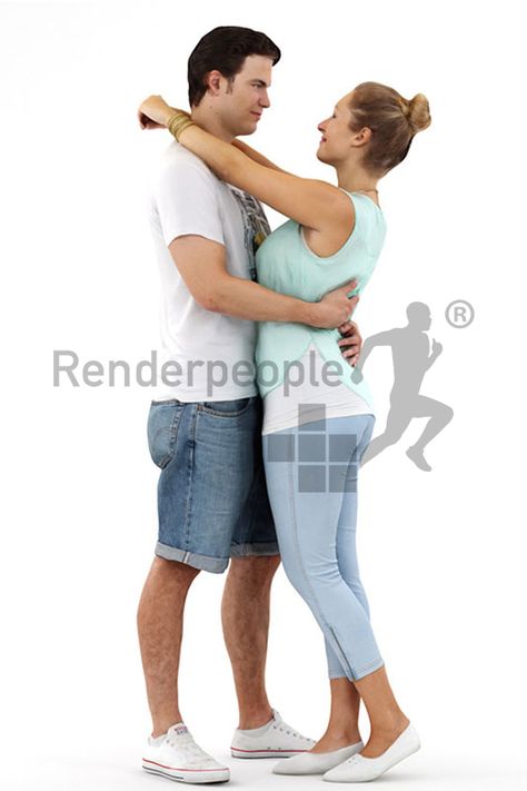 Posed 3D People, european couple standing and hugging, dancing  The geometry and high-resolution textures of all Posed 3D People have been manually refined to match the vividness and authenticity of real human beings. Posed Renderpeople are ready to render.  ✔ Two versions: 100k & 30k polycount ✔ Unwrapped UVs ✔ 8k high-resolution textures ✔ includes Diffuse and Normal maps ✔ includes Alpha maps  Available for: 3ds Max, Cinema 4D, Rhino, Blender, Sketchup and many more... Ych Couple Poses, People Dancing Art, Pose Ref 2 People, Cute Dynamic Poses, Cute Couple Reference, Couple Dancing Reference, European Couple, Dancing Reference, 3d People