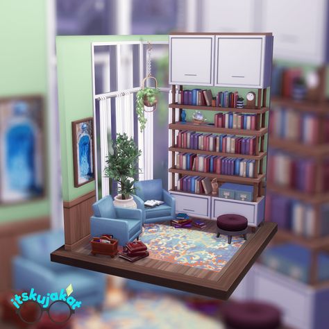 Reading nook by itsKujaKat for #buildareadersnook challenge | available on the Gallery Sims 4 Nook Ideas, Sims 4 Cc Book Nook, Sims 4 Book Nook, Sims Reading Nook, Sims 4 Reading Nook, Sims Library Build, Sims4 Library, Sims 4 Base Game Library, Sims 4 Book Nook Kit