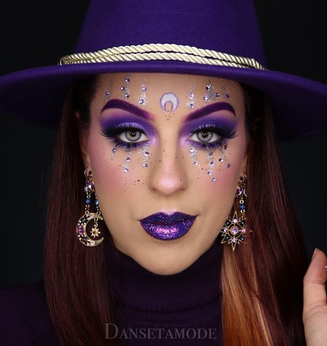 Purple Witchy Eye Makeup, Witch Makeup With Jewels, Witch Makeup Ideas Purple, Purple Witch Eye Makeup, Wizard Halloween Makeup, Celestial Witch Makeup Halloween, Purple Witch Eyeshadow, Witches Make Up Halloween, Halloween Makeup Looks Purple