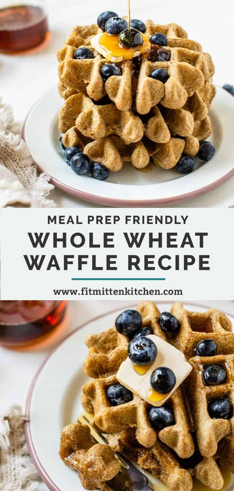 These easy and healthy Whole Wheat Waffles are deliciously fluffy and so simple to make. Great for the whole family, amazing with all of your favorite add-ins and toppings. Freezer friendly so great for meal prep, too! #wholewheatwaffles #wafflerecipes Wheat Waffles, Waffle Recipe Healthy, Whole Wheat Waffles, Healthy Waffles, Banana Waffles, Waffles Easy, Frozen Waffles, Homemade Waffles, Waffle Recipe