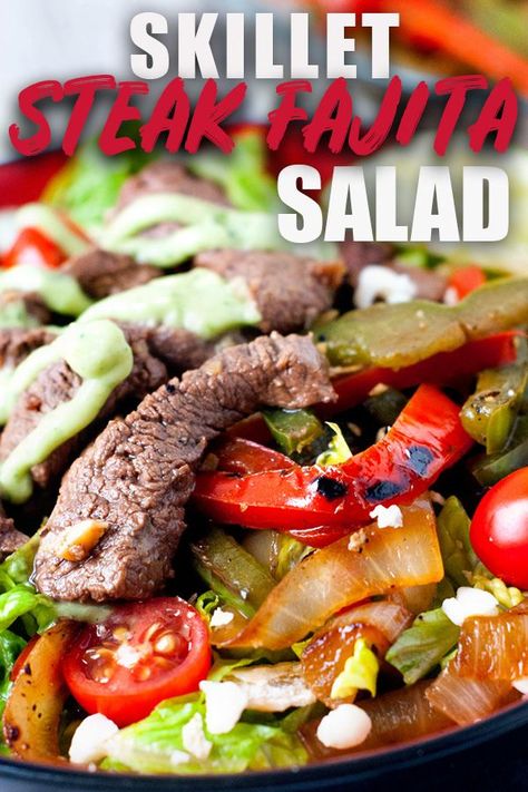 This steak fajita salad comes together quickly in a skillet with an easy lime juice marinade and quick Avocado cream salad dressing. You're not going to want to miss this healthy recipe! #salad #fajita #avocado #steak Healty Dinner, Steak Fajitas, Weeknight Dinner Recipes Easy, Best Dinner Recipes, Quick Dinner Recipes, Avocado Salad, Delicious Dinner Recipes, Fresh Salads, Dinner Dishes