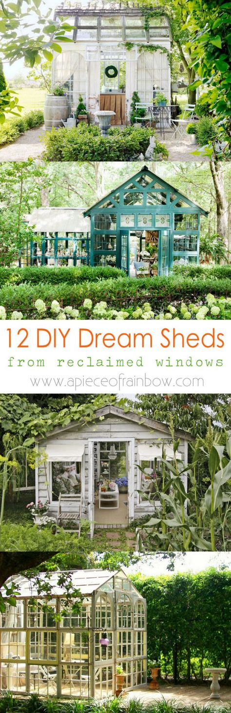 12 amazing DIY sheds and greenhouses: how to create beautiful backyard offices, studios and garden rooms with reclaimed windows and other materials. Serre Diy, Diy She Shed, Diy Sheds, Recycled Windows, Window Greenhouse, Reclaimed Windows, Shed Ideas, Greenhouse Shed, Backyard Office