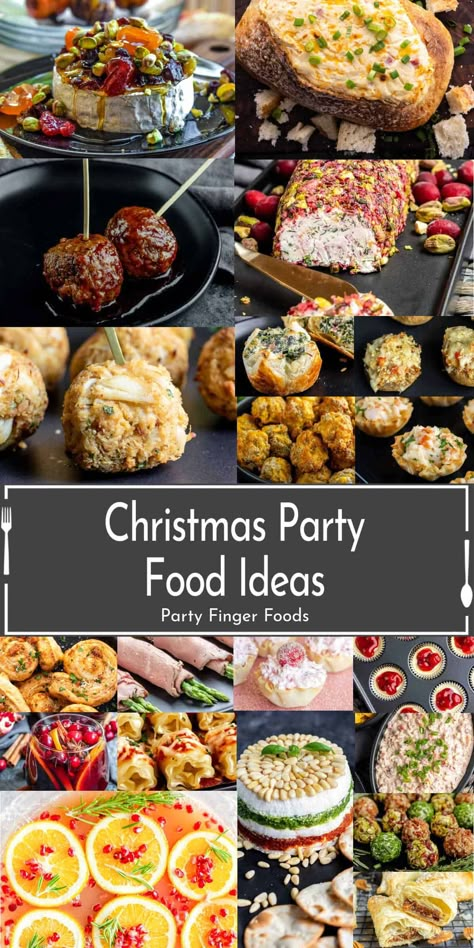 collage of christmas party food recipes Winter Party Food For A Crowd, Funny Christmas Appetizers, Xmas Buffet Ideas, Elegant Christmas Party Food, Holiday Appetizer Recipes Christmas, Christmas Food Spread, Christmas Carry In Food Ideas, Christmas Hosting Ideas Food, Christmas Gathering Food Ideas