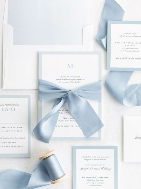 Powder Blue Wedding Inspirations | Sky Blue | Light Blue Wedding Style Ribbon Wedding Invitations, Powder Blue Wedding, Sky Blue Weddings, Ribbon Invitation, Baby Blue Weddings, Wedding Invitation Trends, Blue Wedding Inspiration, Colorful Borders, Light Blue Wedding