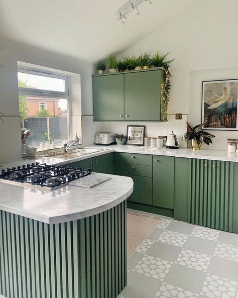 20+ Green Kitchen Designs For Your Home - The Wonder Cottage Green Kitchen With Wooden Countertop, Small Green Kitchen Aesthetic, Light Green Marble Kitchen, Palegreen Kitchen Cabinet, Green Kit Hen Cabinet, Taupe Kitchen Cabinets, Taupe Kitchen, Green Kitchen Designs, Серая Кухня