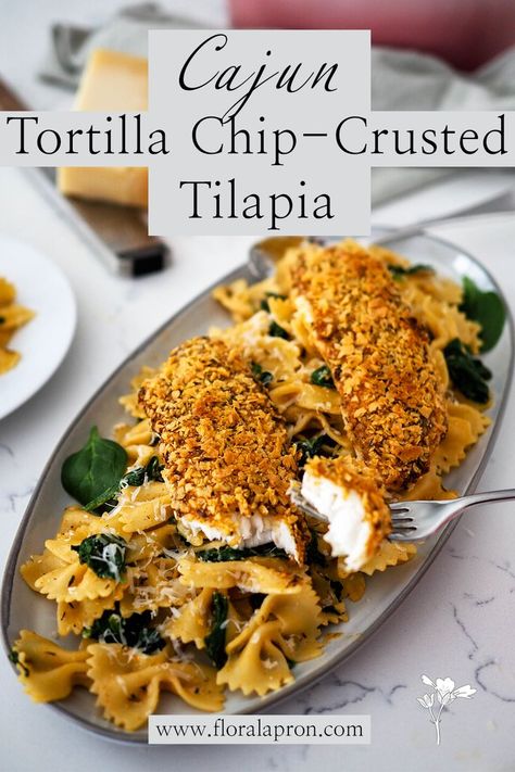 Two breaded tilapia filets on top of a pile of Cajun pasta and spinach. Tortilla Crusted Fish, Mash Potato Dinner Ideas, Tortilla Crusted Tilapia, Baked Tilapia Recipes, Tortilla Chip, Crusted Tilapia, Baked Tilapia, Potato Dinner, Tilapia Recipes