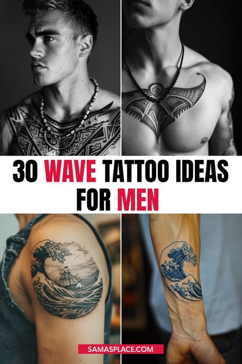 Wave tattoo ideas for men, symbolizing the ocean, flow of life, and adventure spirit with fluid designs Wave Half Sleeve Tattoo, Wave Chest Tattoo, Traditional Japanese Wave Tattoo, Wave Tattoo Men, Sea Waves Tattoo, Wave Tattoo Ideas, Ocean Theme Tattoos, Japanese Wave Tattoos, Wave Tattoos