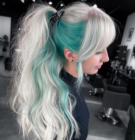 Blonde And Fashion Color Hair, Turquoise And Blonde Hair, Light Turquoise Hair, Blonde And Turquoise Hair, Blue Peekaboo Hair Blonde, Remove Color From Hair, Blonde With Blue Hair, Blonde With Peekaboo Color, Spring Hair Color Ideas For Blondes