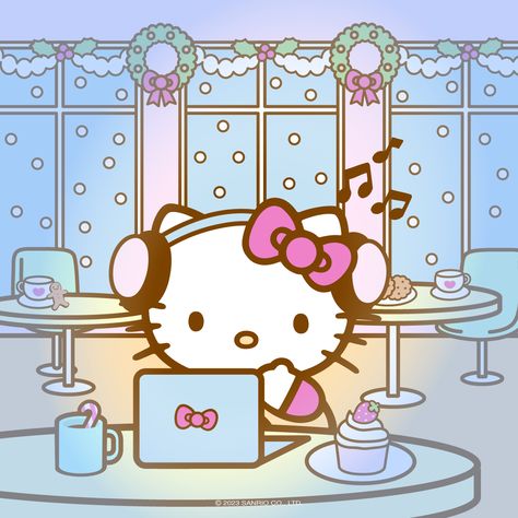 POV it's December 1st and you can finally listen to holiday music 🎶🎄✨ Hello Kitty Listening To Music Icon, Hello Kitty Christmas, Hello Kitty Backgrounds, Holiday Music, Kitty Wallpaper, Hello Kitty My Melody, Hello Kitty Art, Sanrio Wallpaper, Winter Wallpaper