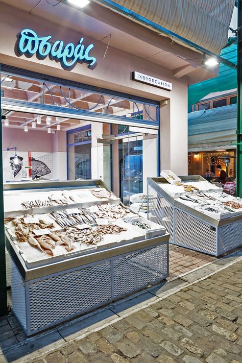 ΠΣ • ΠΣΑΡΑΣ-Fish Market • Fluo Architecture & Design Small Store Design, Seafood Store, Resturant Design, Fish Monger, Seafood Shop, Fish Stand, Modern Restaurant Design, Lobster Shack, Vastu House