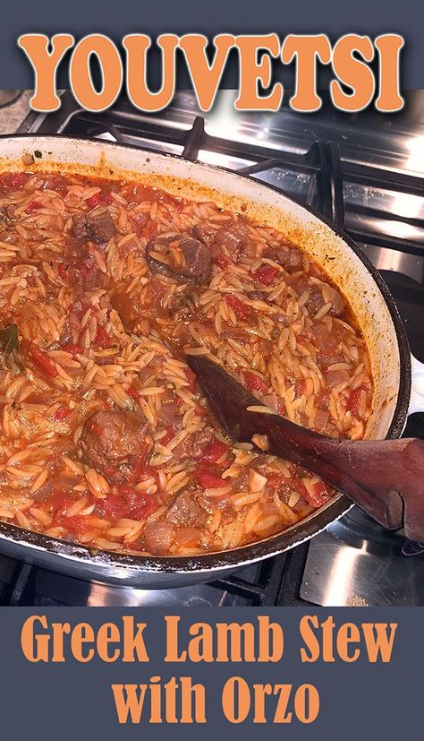 Youvetsi is a popular and comforting Greek stew made with tender bits of lamb or beef and cooked with small noodles such as orzo. Red meat is the more typical choice, however you may also make it with chicken. Lamb And Orzo Recipe, Lamb Youvetsi Recipe, Greek Lamb Stew Recipes, Greek Lamb Stew, Youvetsi Recipe, Lamb Stew Slow Cooker, Greek Stew, Greek Lamb Recipes, Roasted Lamb Shanks