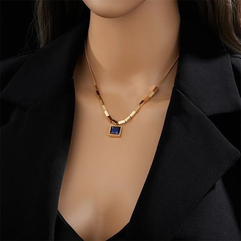 Non tarnish blue zircon necklace Available in gold - 9,200 #classyfeats #shopperawlic #jewelledbyclassyfeats Lagos Jewelry, Neck Jewelry, Zircon Necklace, Sweater Necklace, Party Necklace, Neck Jewellery, Square Pendant, Long Pendant Necklace, Long Pendant