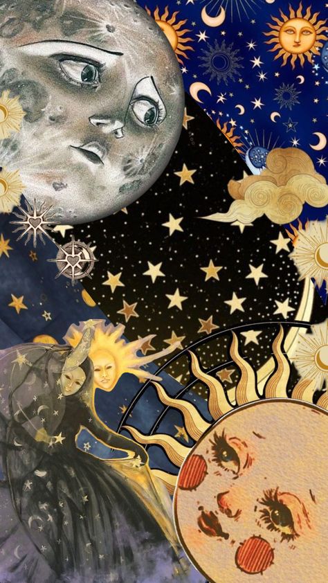 Whimsigothic Wallpaper, Sun And Moon Background, Celestial Phone Wallpaper, Celestial Collage, Whimsy Wallpaper, Sun And Moon Wallpaper, Surreal Background, Cottagecore Painting, Indie Wallpaper