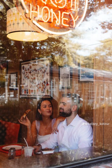 Burger Engagement Photos, Bakery Engagement Photos, Chinatown Engagement Photos, Foodie Engagement Photos, Diner Couple Photoshoot, Diner Engagement Photoshoot, Playful Engagement Photos Ideas, Waffle House Engagement Photos, Pizza Shop Engagement Photos