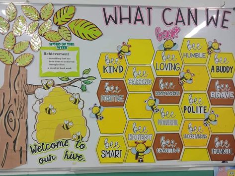 Color- Yellow, Brown, Green Symbols- Honeycomb, bees, beehive, tree, and leaves All about good manners and right conduct. Collaborative Mural, Colorful Classroom, Room Theme, Classroom Bulletin Boards, Good Manners, Plan Ideas, Lesson Plan, Room Themes, Bee Hive