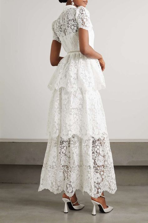 SELF-PORTRAIT Tiered corded lace maxi dress | NET-A-PORTER Traditional White Dress For Women, Overshirt Wedding Dress, White Grarah Dress, Luxury Lace-up Walking Shoes, Luxury White Lace Dress, Self-portrait Wedding Dress, White Lace Outfit, Jenny Packham Wedding Dresses, Self Portrait Clothing