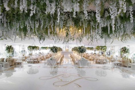 Wedding Ideas: Floral Chandeliers & Ceiling Installations Over Dance Floor - Inside Weddings Greenery Wall Decor, Wedding Ceiling Decorations, Wedding Ceiling, Flower Chandelier, Floral Chandelier, Tent Reception, Wedding Inside, Ceiling Installation, Hanging Garland