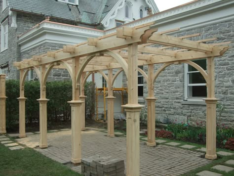 Pergola Off Patio, Cottage Style Pergola, English Pergola, Wooden Pergola Designs, Pergola Styles, Pergola Arch, Arch Pergola, Arched Pergola, Trellis Pergola