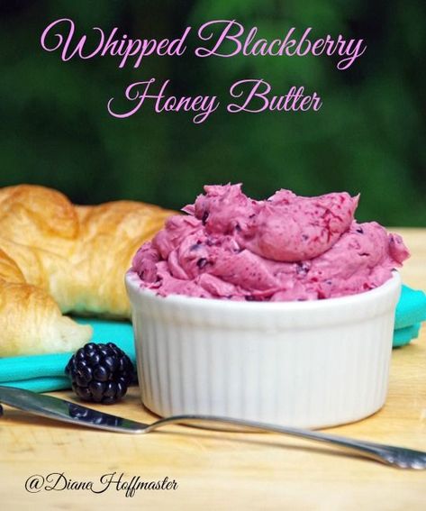 This whipped blackberry honey butter is a delicious topping for muffins and bagels. #butter #blackberry Blackberry Butter, Easy Honey Butter, Blackberry Honey, Flavored Butter Recipes, Butter Recipes Homemade, Compound Butter Recipe, Honey Butter Recipe, Cinnamon Honey Butter, Blackberry Recipes