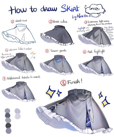 Manga Shading Techniques, Draw Skirt, Clothes Shading, Rainbow Anime, Commission Prices, Color Shading, Anime Tutorial, Concept Art Tutorial, Digital Art Beginner