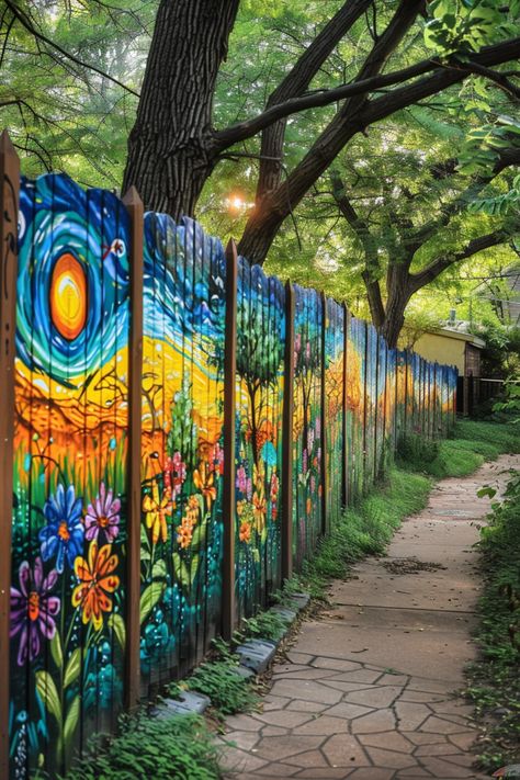 Paint Fence Ideas Backyards, Fence Mural Ideas, Mural Fence, Fence Murals, Privacy Fence Ideas, Hippie House, Fence Options, Garden Fence Art, Garden Mural