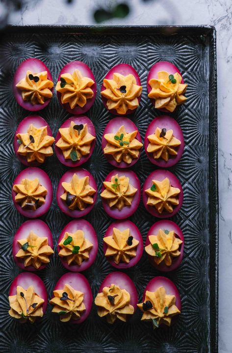 Pickled Beet Deviled Eggs, Deviled Eggs With Salmon Roe, Red Beet Deviled Eggs, Spring Deviled Eggs, Beet Dyed Deviled Eggs, Deviled Eggs Party Tray, Deviled Eggs Aesthetic, Food For Housewarming Party, Colorful Deviled Eggs