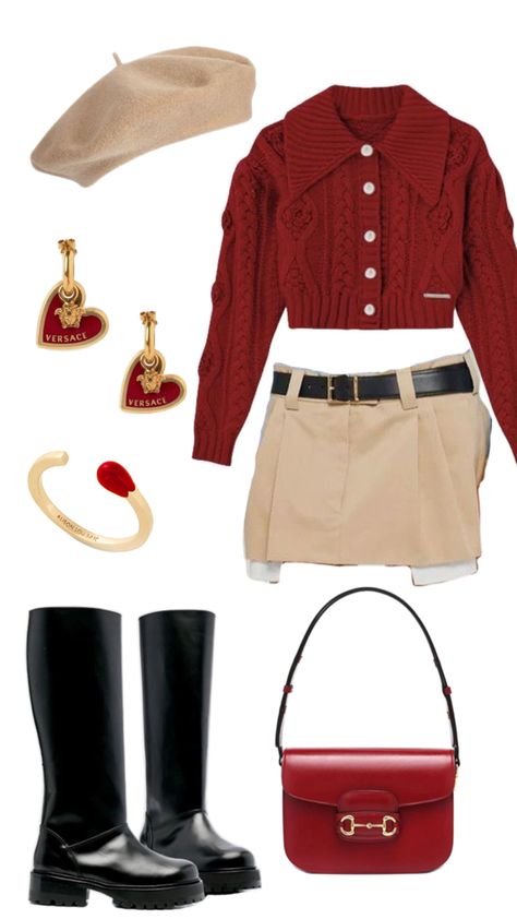 Miniskirt high boots red sweater and beige beret #2024outfits Red And Beige Outfit, Red Beret Outfit, Outfit With Beret, Beige Beret, Beret Outfit, Red Beret, Red And Beige, Beige Outfit, Red Sweater