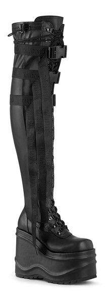 Thigh High Platform Boots, Stretch Thigh High Boots, Demonia Boots, Demonia Shoes, Festival Shoes, Black Platform Boots, Elastic Top, Thigh Boot, How To Stretch Boots