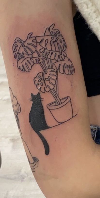 Cat sitting by a monstera house plant tattoo Cat And Monstera Tattoo, Plant And Cat Tattoo, Potted Monstera Tattoo, Cat With Plants Tattoo, Cats And Plants Tattoo, Plant Cat Tattoo, Plant Shelf Tattoo, Cat Sitting Tattoo, Plant Outline Tattoo