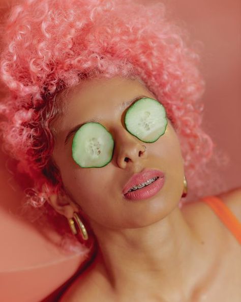 Portrait Of Young Confident Women With Cucumbers On Eyes Cucumber Eyes, Cucumbers On Eyes, Cucumber On Eyes, Gradient Lips, Night Music, Beauty Diet, Confident Women, Orange Soda, Saggy Skin