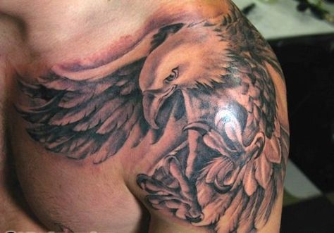 Eagle tattoo ideas can be made with a lot of custom variations, here the artist has planted intense emotion in a tattoo of a pouncing eagle. The tattoo shows the eagle pouncing on its prey with its claws stretched out, the artist has used only one color to make this piece and it still looks pretty surreal.  #tattoofriday #tattooart #tattoodesign #tattooidea #EagleTattoosforMen #man'sfashion #eagletattoos Eagle Shoulder Tattoo, Cross Shoulder Tattoos, Front Shoulder Tattoos, Blade Tattoo, Tattoos Pinterest, Cool Shoulder Tattoos, Small Shoulder Tattoos, Rose Tattoos For Men, Mens Shoulder Tattoo