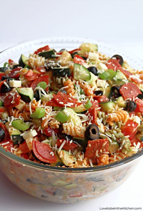 Supreme Pasta Salad - Love to be in the Kitchen Supreme Pasta Salad Recipe, Box Pasta Salad Add Ins, Perfect Pinch Salad Supreme Recipe, Pasta Salad Recipes With Salad Supreme, Salad Supreme Spaghetti Salad, Pasta Salad For A Crowd Parties, Spaghetti Salad With Salad Supreme, Pasta Salad Supreme, Salad Supreme Pasta Salad