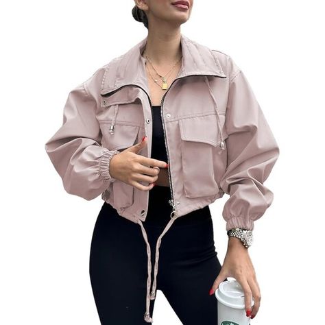 Womens Cropped Jacket Zip Up Lightweight Pink Womens Cropped Jacket, Womens Jackets Casual, Leggings Hoodie, Lightweight Shorts, Outwear Jackets, Hoodie Pullover, Casual Spring, Cropped Jacket, Jacket Buttons