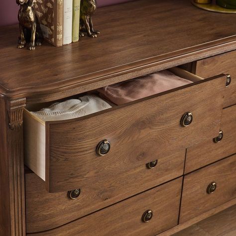 Chris Loves Julia 6-Drawer Dresser (56") | Pottery Barn Teen Amber Interiors Bedroom Dresser, Double Dresser In Bedroom, Stained Wood Dresser, Light Brown Dresser, Amber Interiors Bedroom, Julia Marcum, Natural Wood Dresser, Classic Dresser, Dorm Wishlist