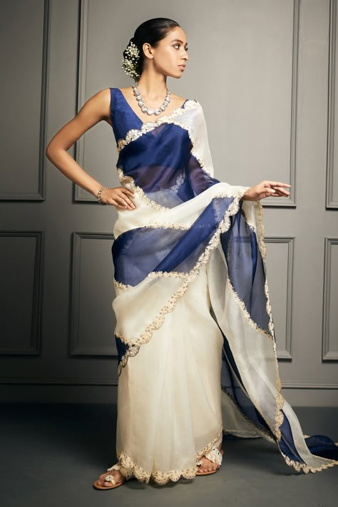 Shop for these amazing collections of Blue Organza Embroidery V Neck Striped Saree Set For Women by Stotram online at Aza Fashions. Striped Saree, Lengha Sari, Painted Saree, Saree Blue, Saree Organza, Sari Design, Simple Saree Designs, Blue Organza, Traditional Blouse Designs