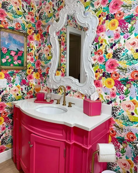 Hot Pink Bathroom Vanity, Fun Colorful Bathroom Ideas, Purple Half Bathroom Ideas, Princess Bathroom Ideas Kids, Small Colorful Bathroom, Butterfly Ceiling, Pink Laundry Rooms, Unique Bathroom Decor, Girly Bathroom