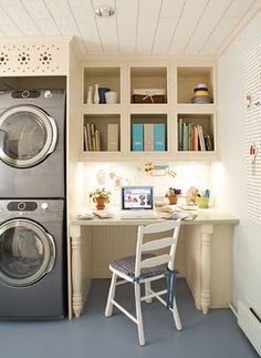 it would be lovely:  sewing room with laundry and a desk.  I'd spend all day in there! Home Office And Utility Room, Laundry Room Desk Area, Laundry Room With Sewing Area, Laundry Room With Office Space, Laundry Room With Desk Area, Laundry Room With Office, Laundry Room Office Combo, Unfinished Basement Laundry, Basement Laundry Room Makeover