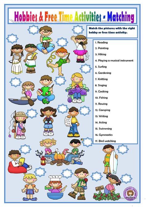 Freetime Activities, Free Time Activities, Hobbies To Take Up, Hobbies For Couples, Hobbies For Kids, Free Printable Activities, Hobbies For Men, Hobbies To Try, English Activities