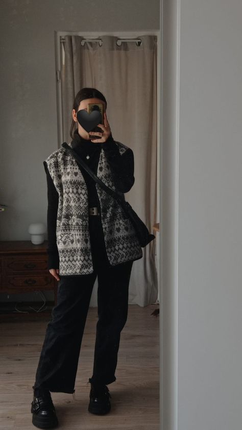 ootd outfit inspo granny fits spring dark academia chunky loafers cross body bag Chunky Loafers Outfit, Queer Outfits, Chunky Loafer, Loafers Outfit, Chunky Loafers, Loafers Style, Black Loafers, Vest Outfits, Ootd Outfit