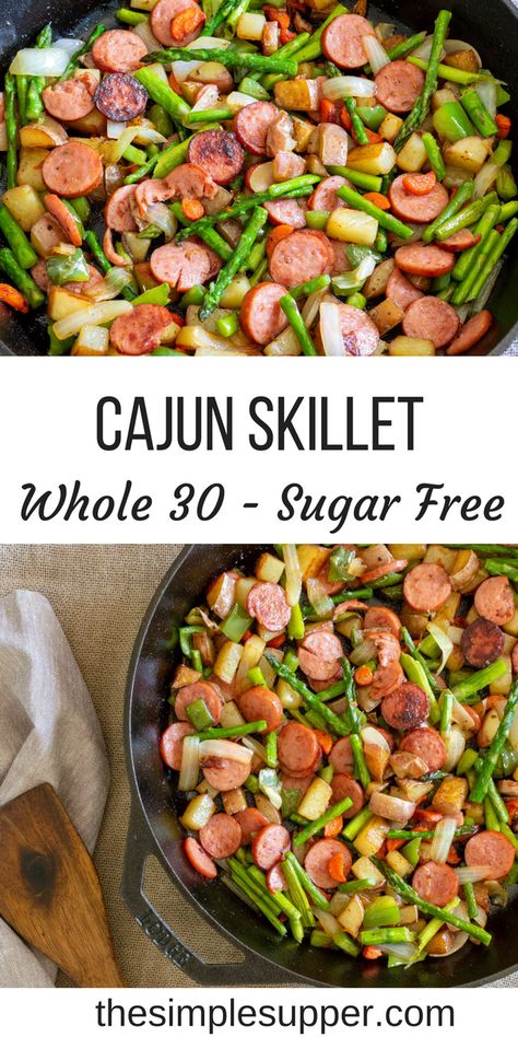 This Spicy Cajun Asparagus and Sausage Skillet is the #quickandeasy dinner your family needs! Packed with seasonal veggies and even more flavor this meal is healthy, fresh and perfect for a busy weeknight meal. Bright, crisp asparagus and tender red potatoes make this a recipe your family is sure to love. It's great for those that are #whole30 #glutenfree #dairyfree and #sugarfree too! Get the recipe at thesimplesupper.com #thesimplesupper via @thesimplesupper Cajun Asparagus, Cajun Skillet, Sausage Skillet, Seasonal Veggies, Clean Eating Recipes For Dinner, Clean Eating For Beginners, Diner Recept, Resep Diet, Fast Recipes