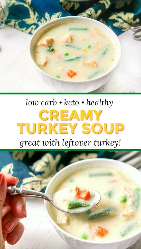 Turkey Cauliflower Soup, Low Carb Turkey Soup Recipes, Low Carb Turkey Soup, Keto Turkey Soup Recipes, Turkey Soup Leftover, Keto Turkey Soup, Thick Soups, Soup With Cauliflower, Using Leftover Turkey