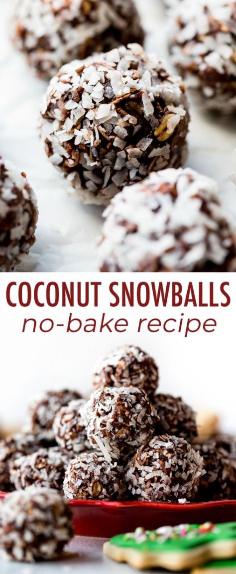 These no-bake chocolate and coconut snowball cookies are SO easy to make! Full of oats and cocoa and rolled in coconut to look like snowballs! Recipe on sallysbakingaddiction.com Coconut Snowball Cookies, Snowballs Recipe, Snowball Cookie Recipe, Coconut Snowballs, Chocolate And Coconut, Coconut Desserts, Snowball Cookies, Baking Recipes Cookies, Coconut Cookies