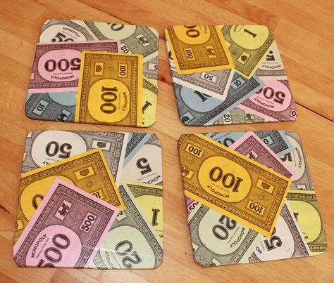 Monopoly Crafts, Monopoly Pieces, Old Board Games, Board Games Diy, Monopoly Money, Board Game Pieces, Unique Handmade Gifts, Coaster Crafts, Monopoly Game