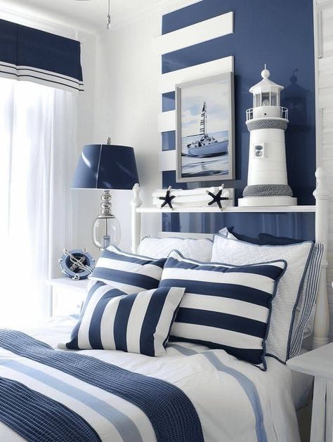 Nautical Room Ideas, Nautical Bedroom Ideas, Nautical Room, Nautical Bedroom, Slaap Lekker, Blue White Decor, Sea Decor, Gorgeous Bedrooms, Beach House Interior