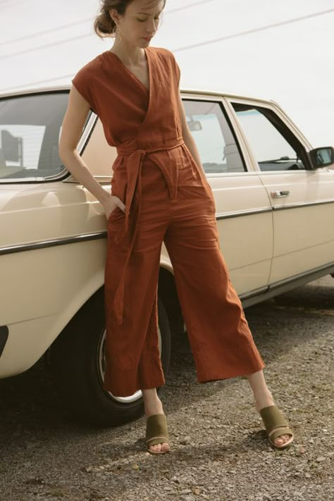 Thistle Harvest: Color Crush: Rust Orange Jumpsuit, Rusty Orange, Wrap Jumpsuit, Linen Jumpsuit, Long Sleeve Jumpsuit, Neck Wrap, Mode Inspiration, Primavera Estate, Look Fashion