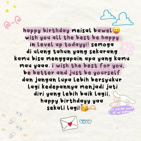 Kartu Ucapan Happy Birthday Aesthetic, Ucapan Hbd Untuk Bestie, Birthday Text For Best Friend, Ucapan Happy Birthday Aesthetic, Happy Birthday Boyfriend, Happy Birthday Bestie, Hbd Quotes, Birthday Wishes For Boyfriend, Cute Text Quotes