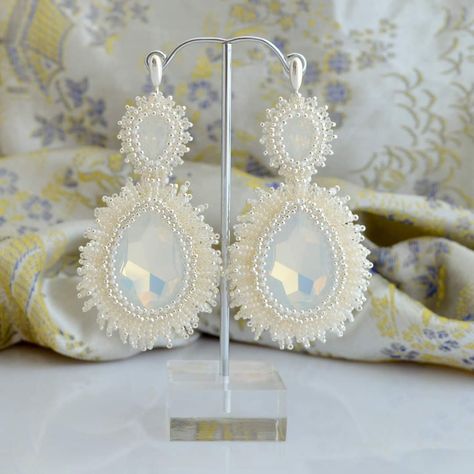 Wedding Seed Bead Earrings, Ivory Bride, Beaded Jewels, Crystal White, Back Jewelry, Wedding Jewelry Earrings, Unique Handmade Jewelry, Big Earrings, Swarovski Earrings