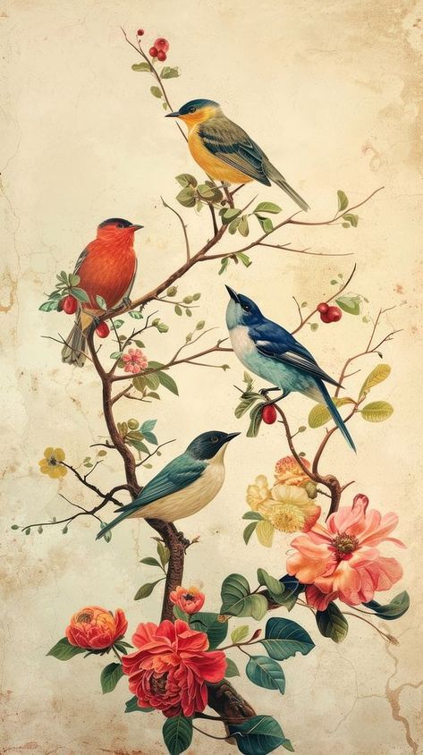 Vintage drawing of birds flower painting pattern. | premium image by rawpixel.com / Boom Iphone Wallpaper Birds, Iphone Wallpaper Jungle, Colibri Wallpaper, Iphone Wallpaper Roses, Birds And Flowers Painting, Flowers And Birds Painting, Roses Iphone Wallpaper, Drawing Of Birds, Vintage Bird Wallpaper